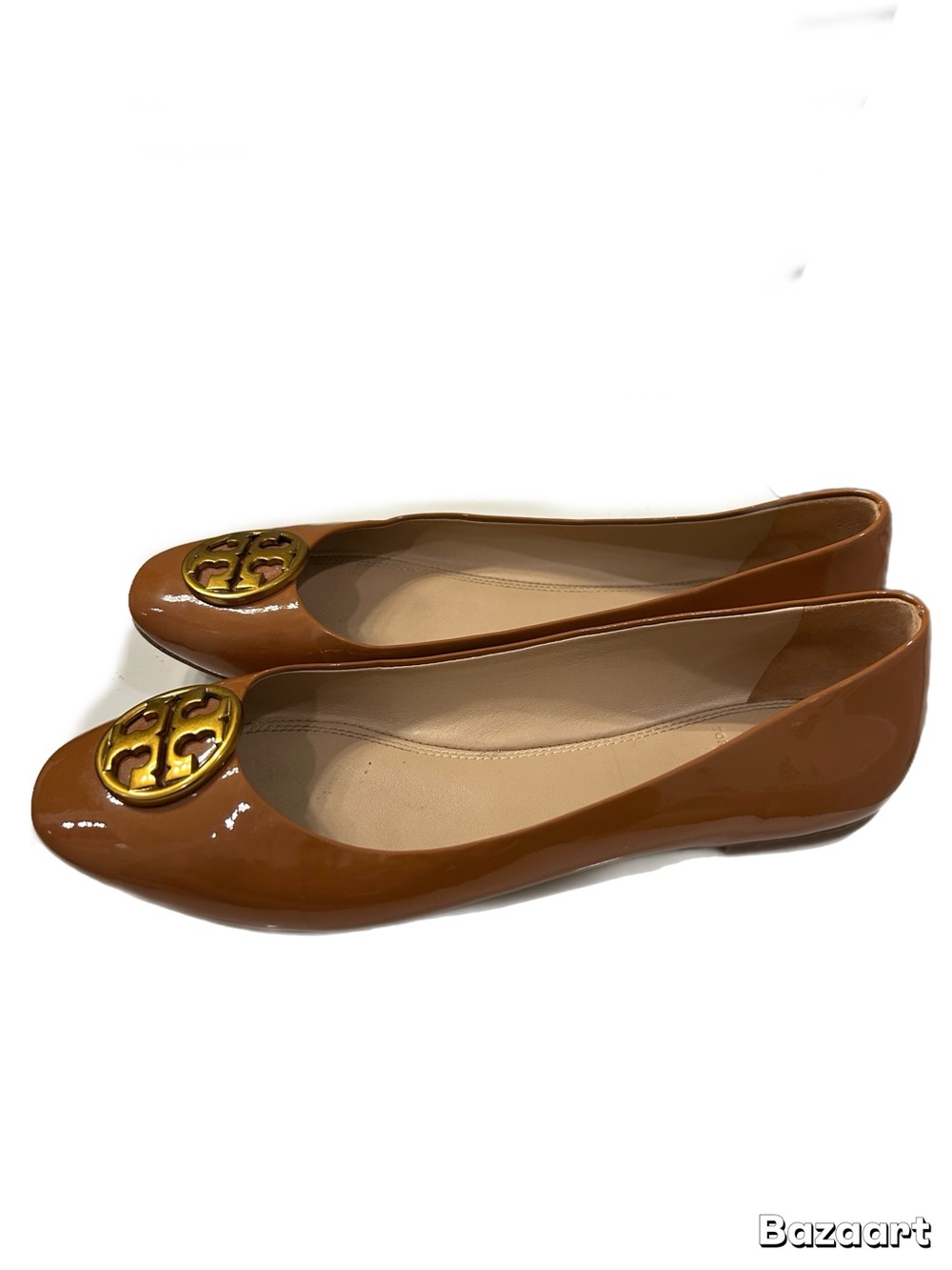 Tory Burch Chelsea Patent Leather Ballet Flats Tan Umber Gold Logo Size 7.5 - Picture 5 of 6